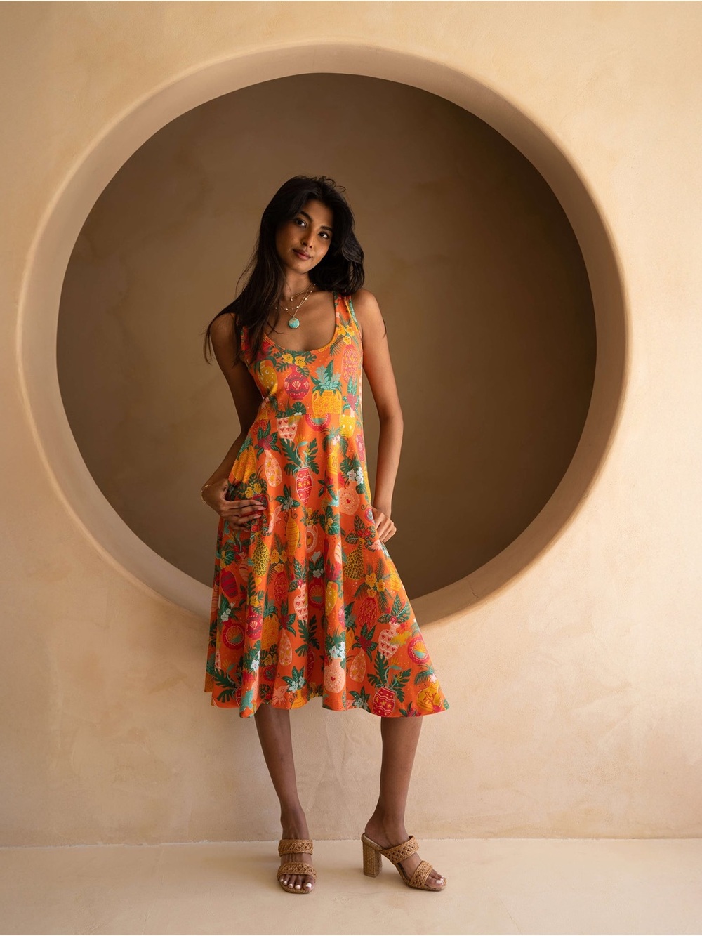 Sleeveless Floral Orange Midi Dress with Tropical Print